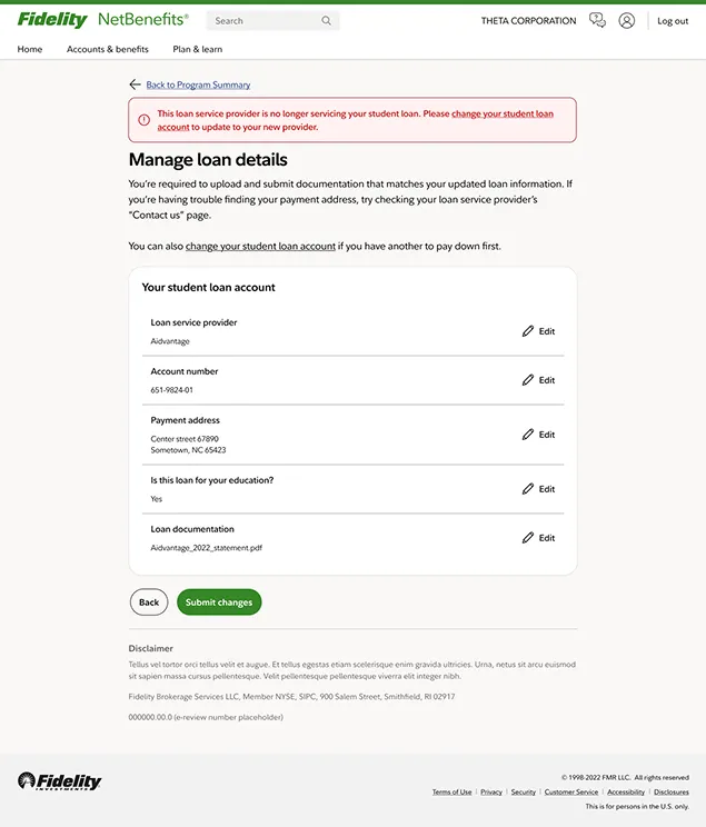 screenshot of post-enrollment dashboard, editing loans