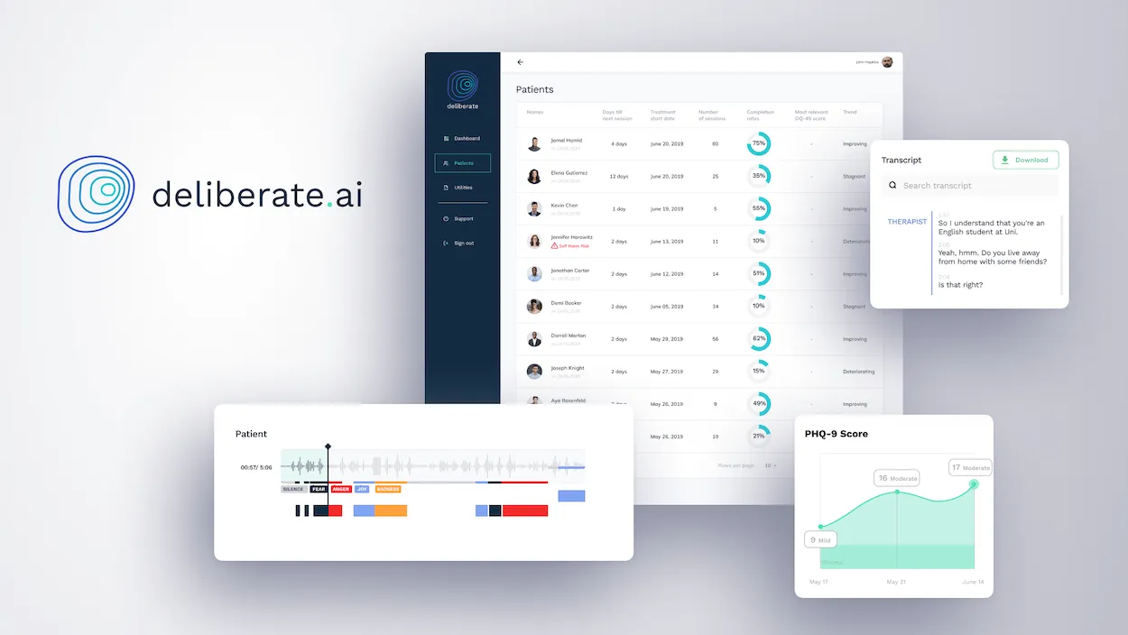 Deliberate AI logo and screens from prototypes for the Deliberate AI health application.