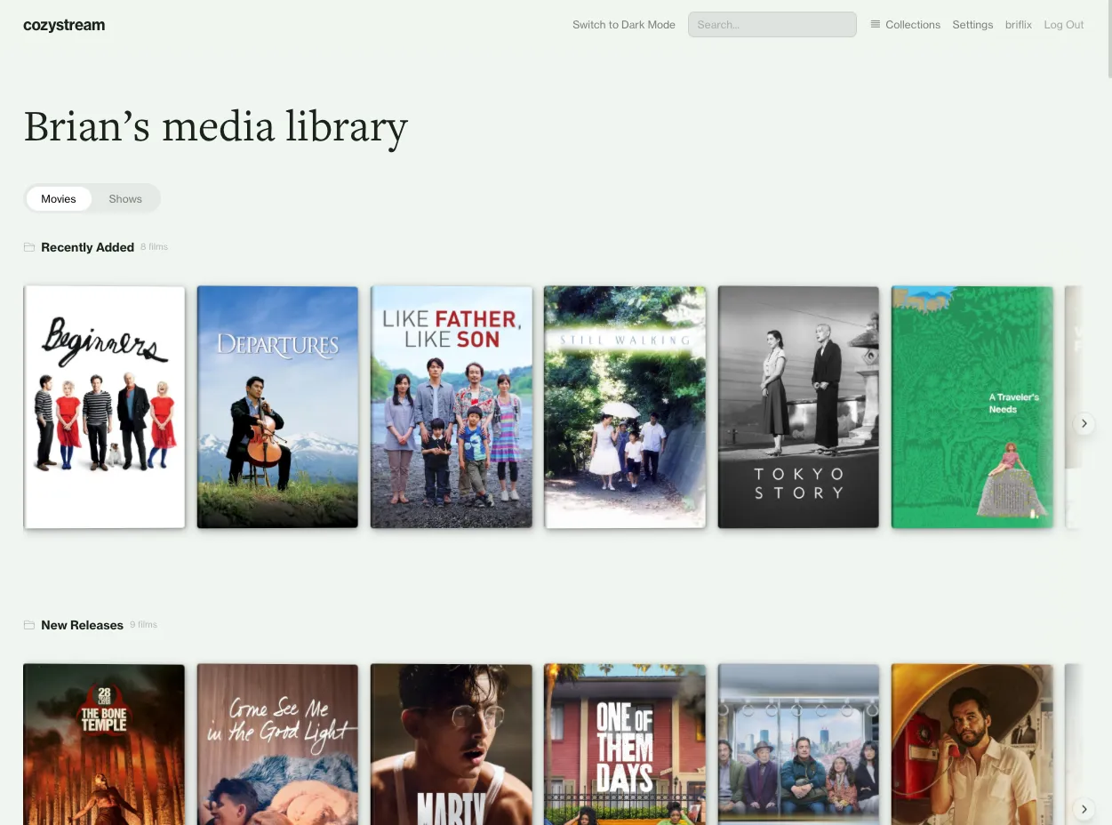 Cozystream DVD Case mode with 3D case spines and lifted poster on hover