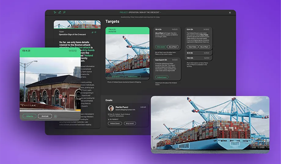 Three images of prototypes made for this project overlayed on one another and a purple gradient background