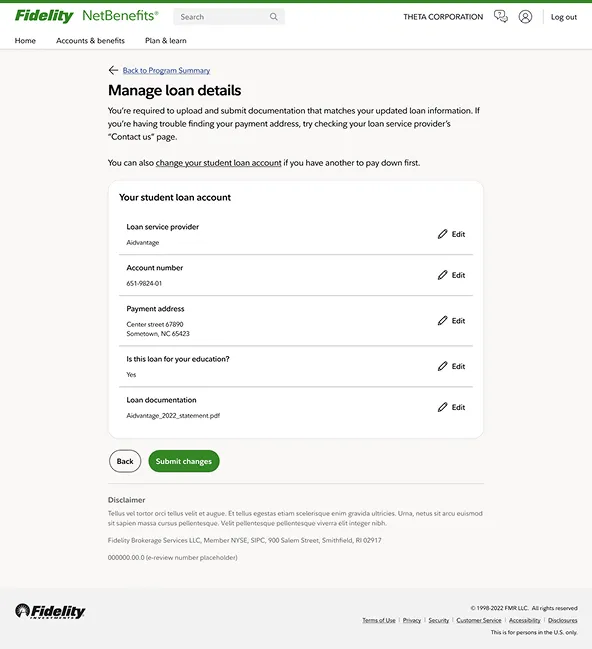 screenshot of post-enrollment dashboard, editing loans