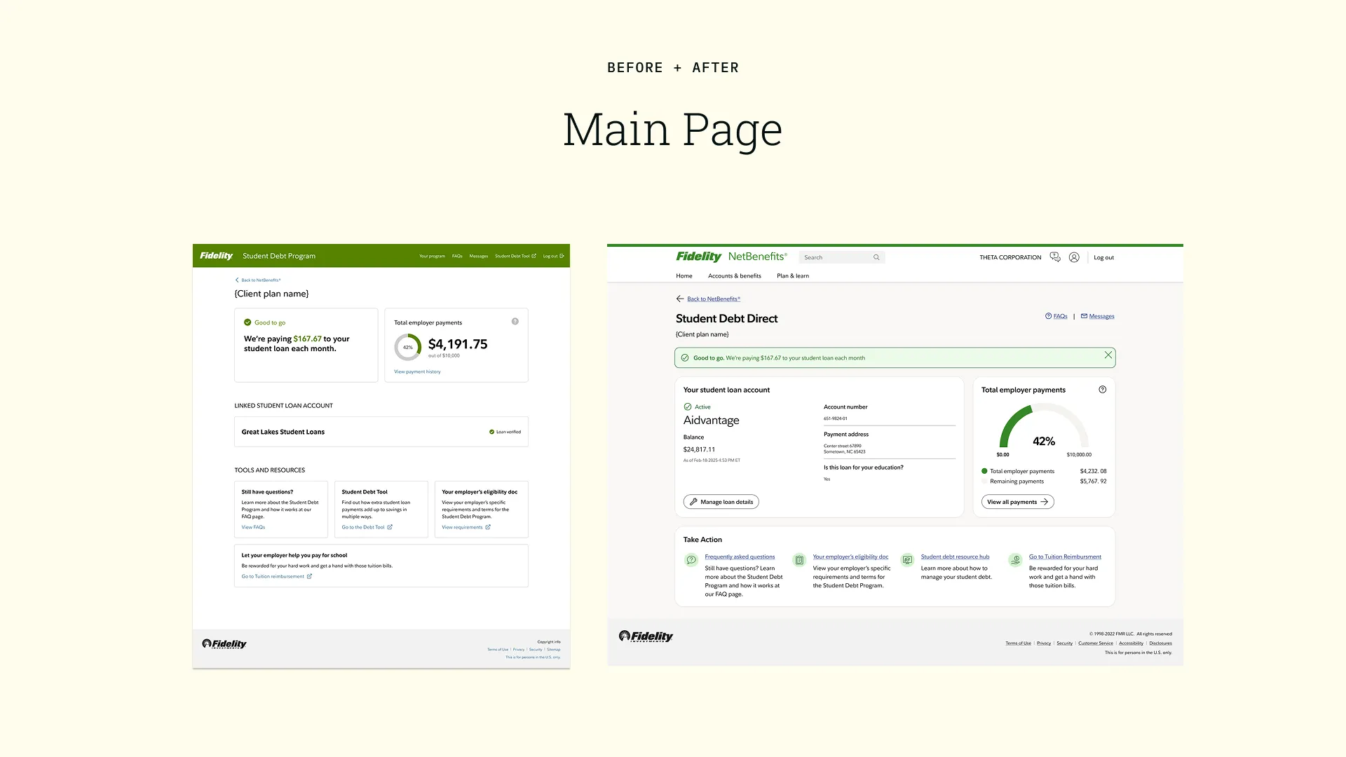 Before and after comparison of the main dashboard redesign
