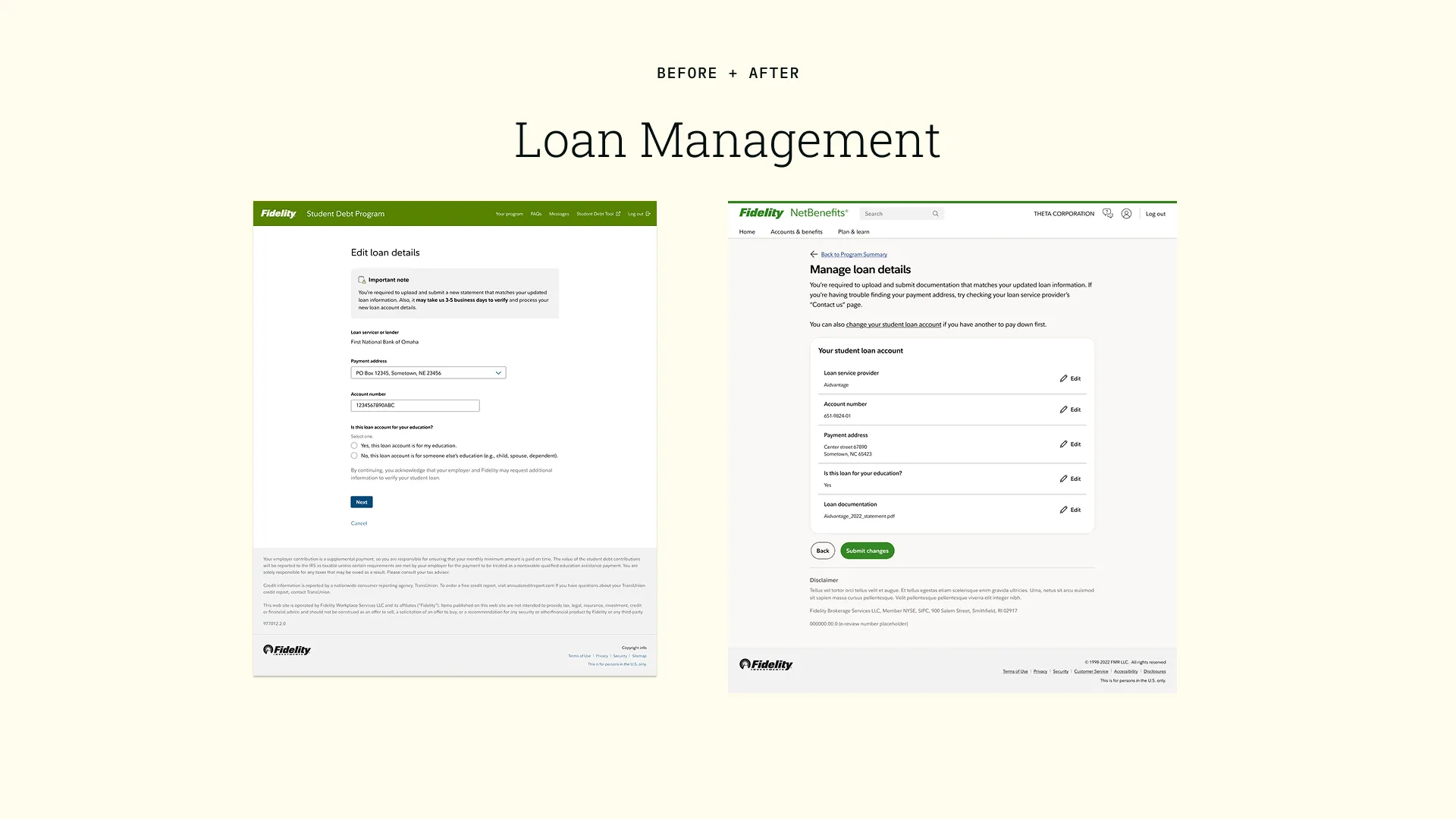 screenshot of presentation showing before and after of the loan management page