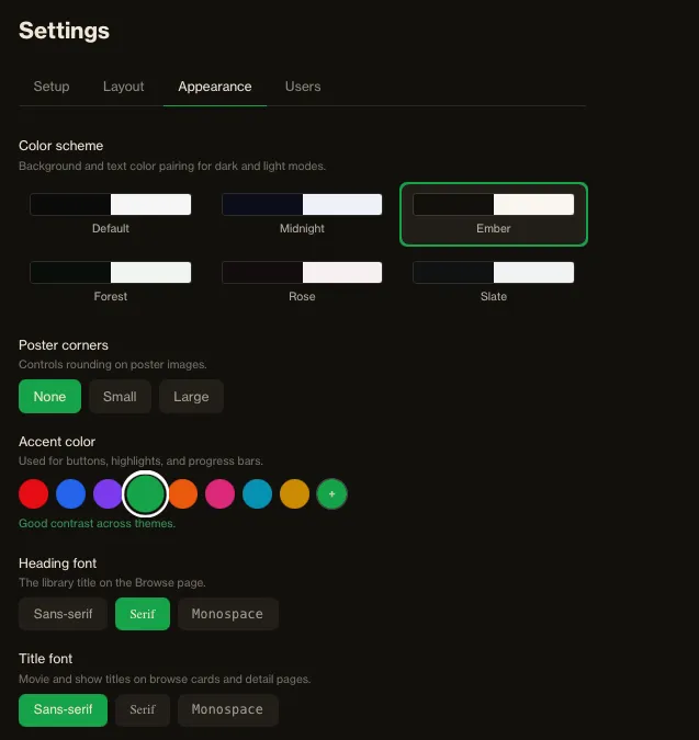 Cozystream appearance settings with theme grid, accent picker, and font options