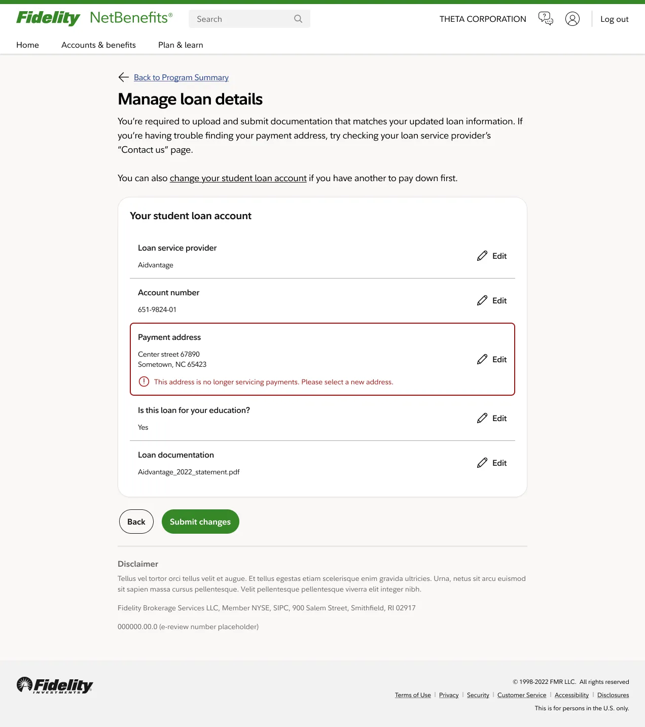 Loan management showing inline alert about payment address issues