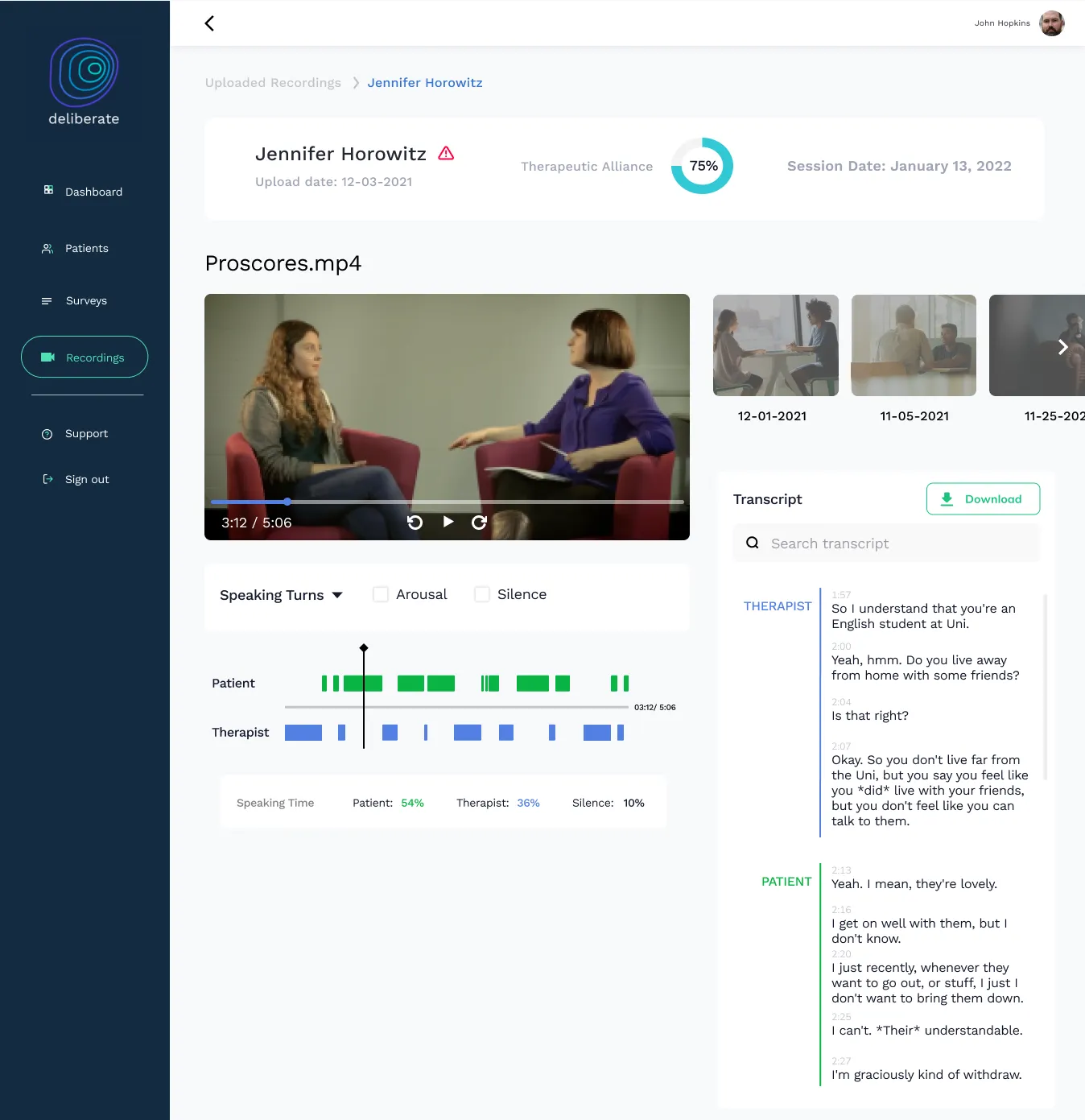 Session transcript and analysis interface