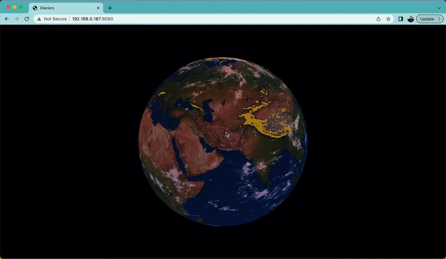 Screen recording of an early mockup which showed every glacier in the world on a 3d globe