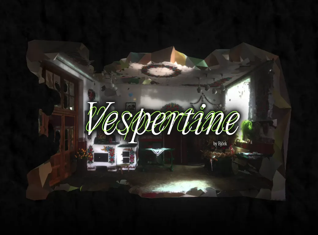Video of webpage about Bjork's Vespertine. Shows text of album title in front of three dimensional house